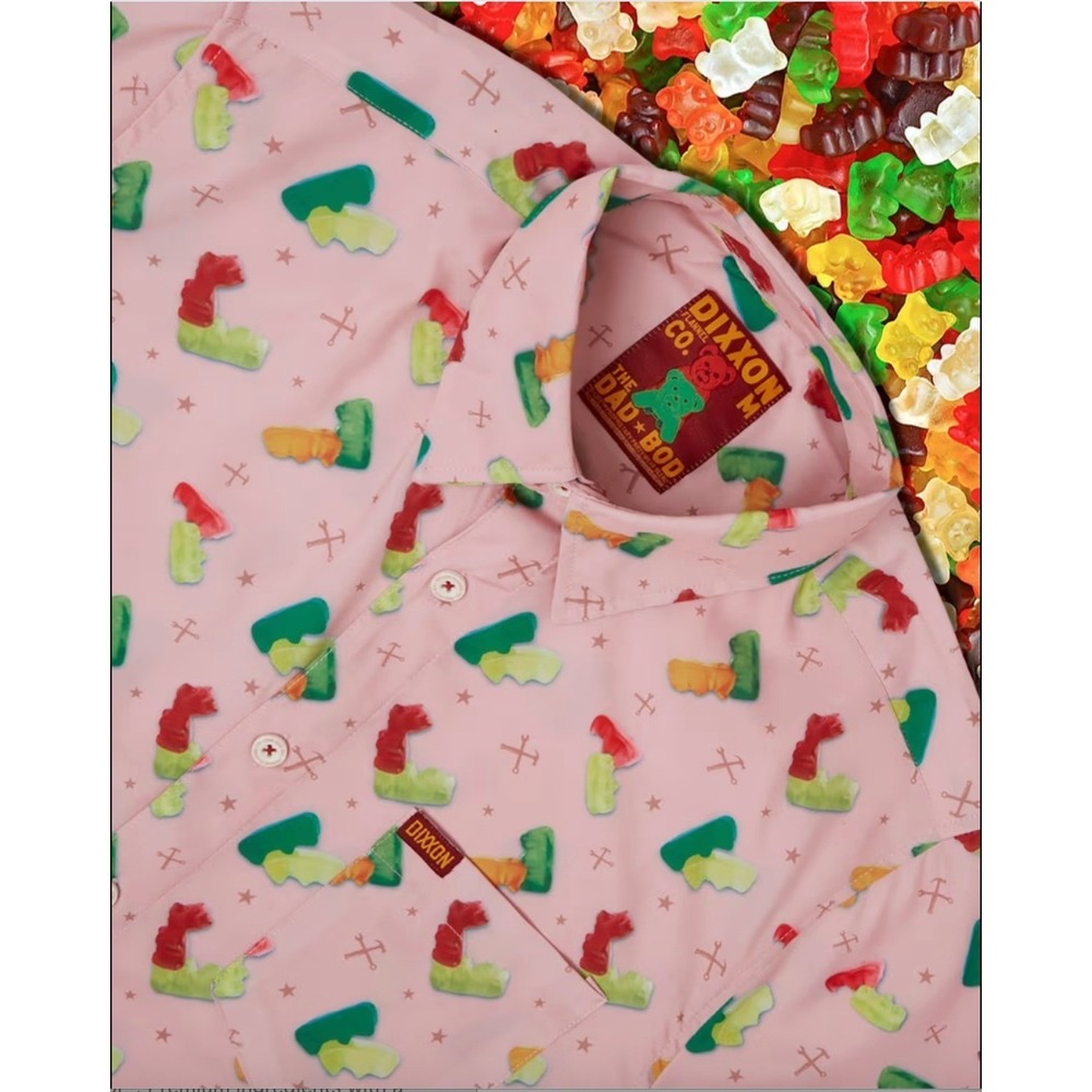 Dixxon Flannel Co Mens 2X Pink Gummy Bear Tool Print Short Sleeve Dad Bod Shirt